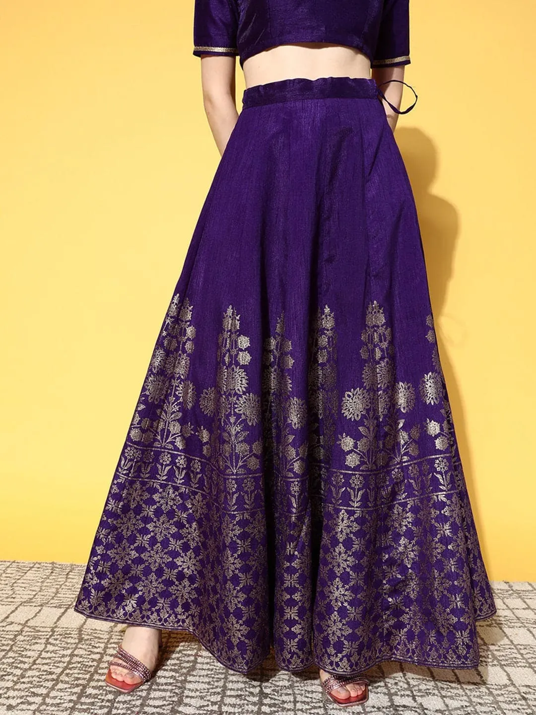 Women Purple Crop Top With Foil Anarkali Skirt
