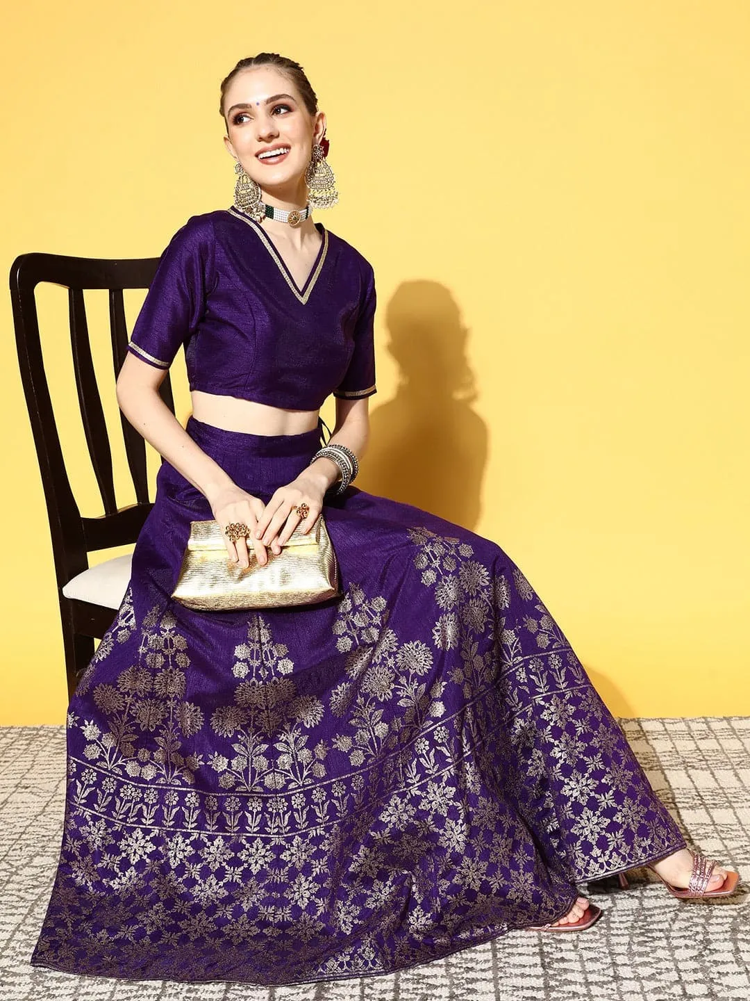 Women Purple Crop Top With Foil Anarkali Skirt