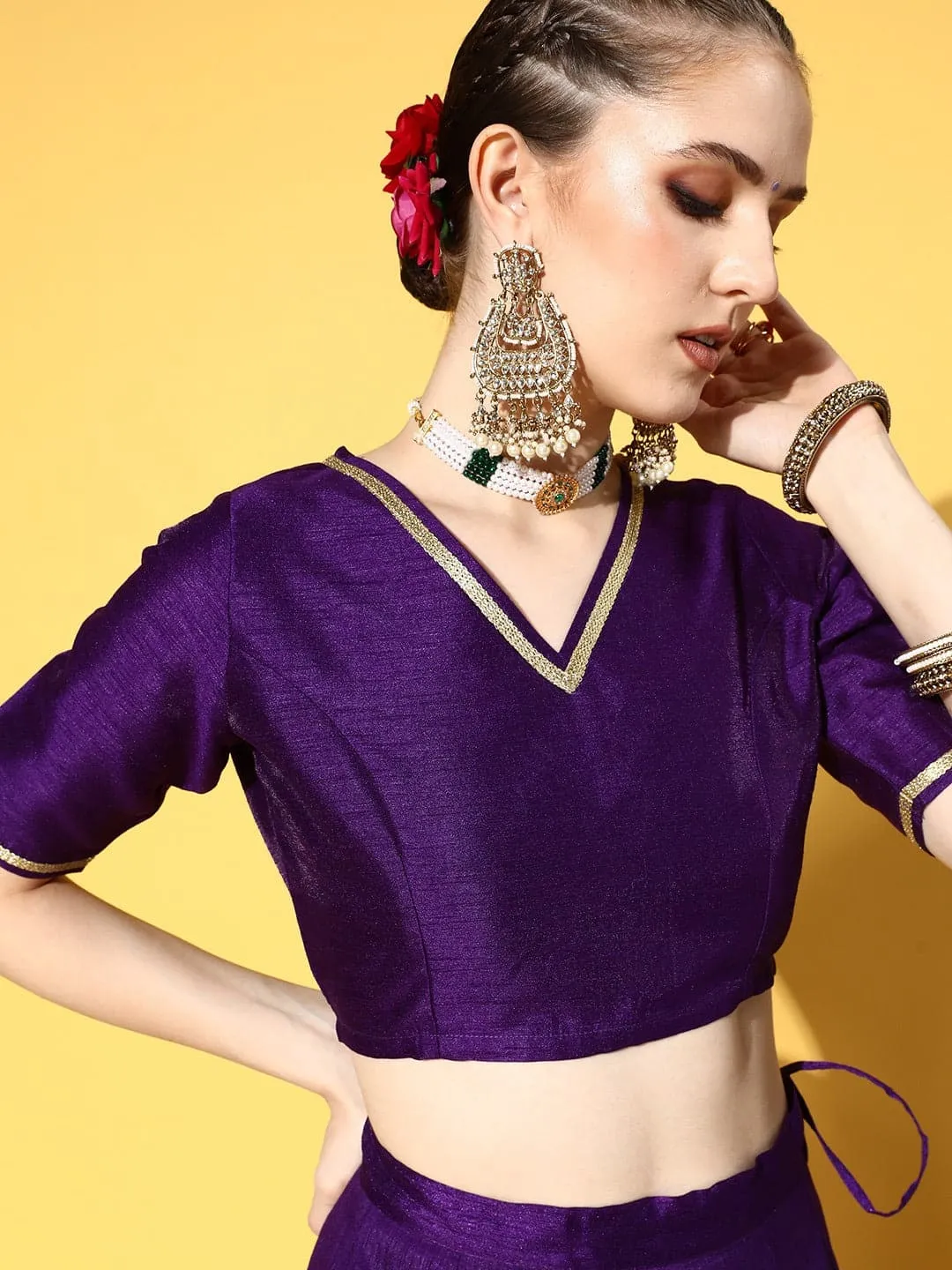 Women Purple Crop Top With Foil Anarkali Skirt